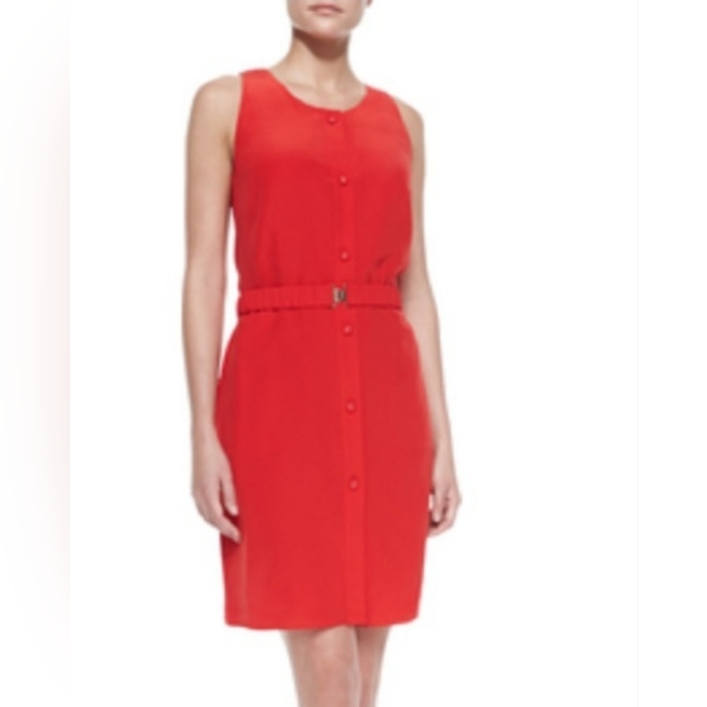 Magaschoni Red Saffron Silk Sleeveless Button Down Belted Dress Size 8